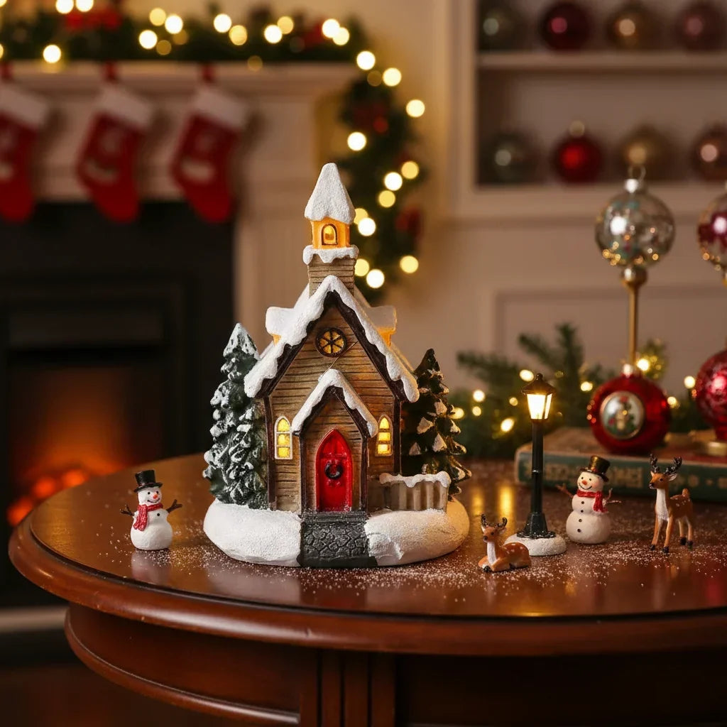 igrejinha de vila de natal iluminada sobre mesa redonda perto da lareira