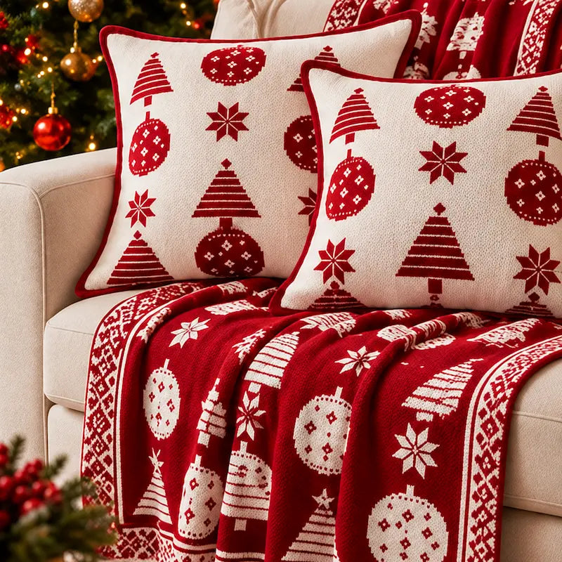 sofá com manta e almofadas de natal vermelhas pronto para a família
