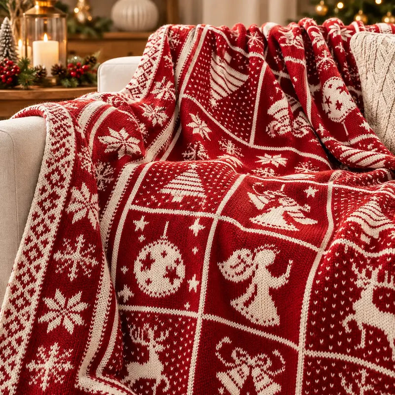 manta de natal vermelha de tricô sobre o sofá da sala decorada