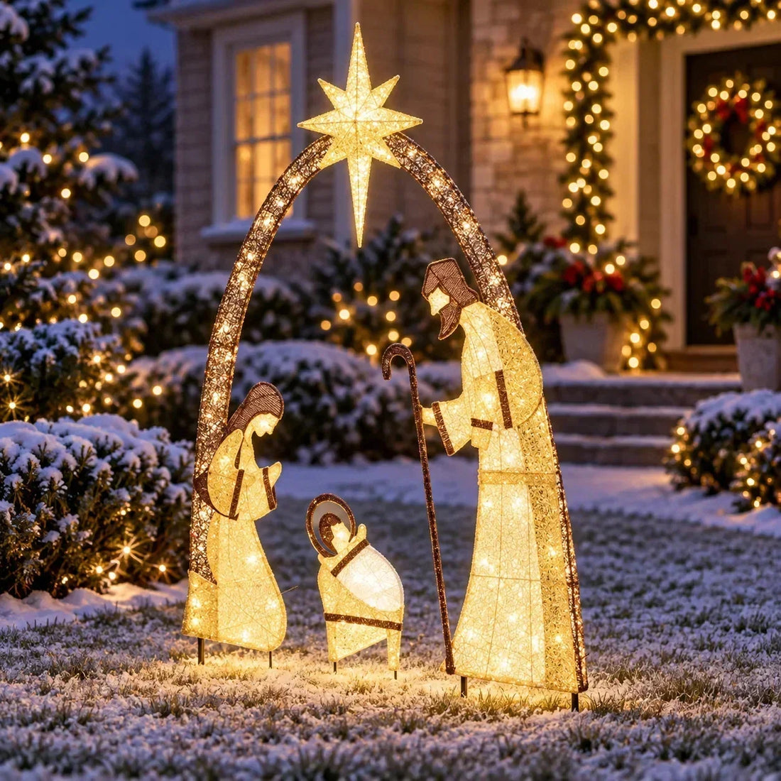 Sagrada Família em silhuetas iluminadas no jardim com neve