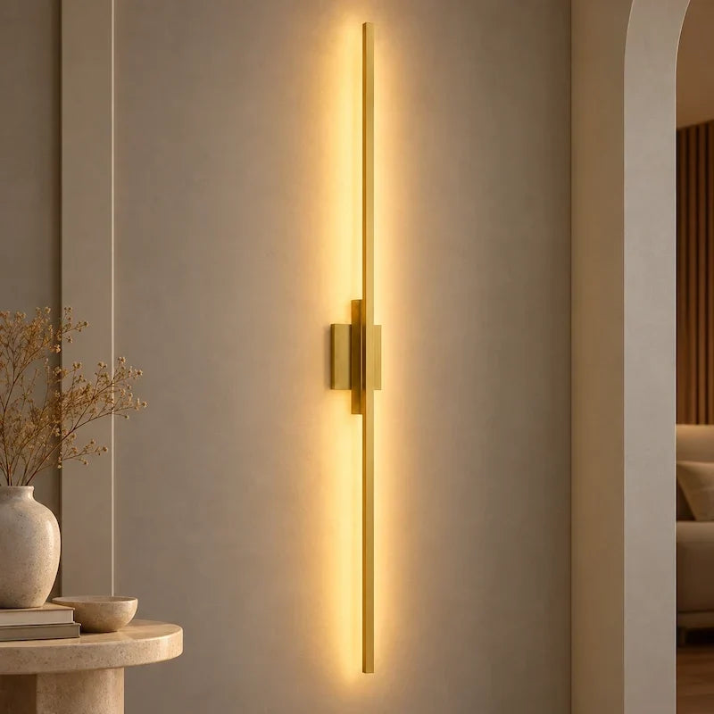 arandela led linear dourada acesa na parede com luz branco quente - detalhe 3