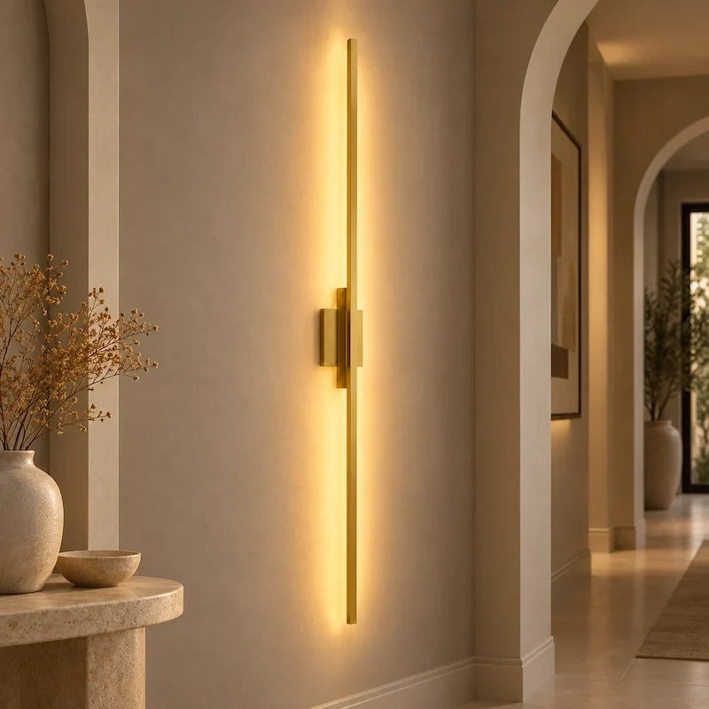 arandela led linear dourada acesa na parede com luz branco quente - detalhe 5