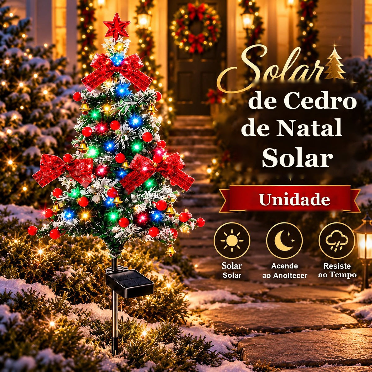 árvore de cedro solar de Natal com luzes coloridas e estaca no jardim
