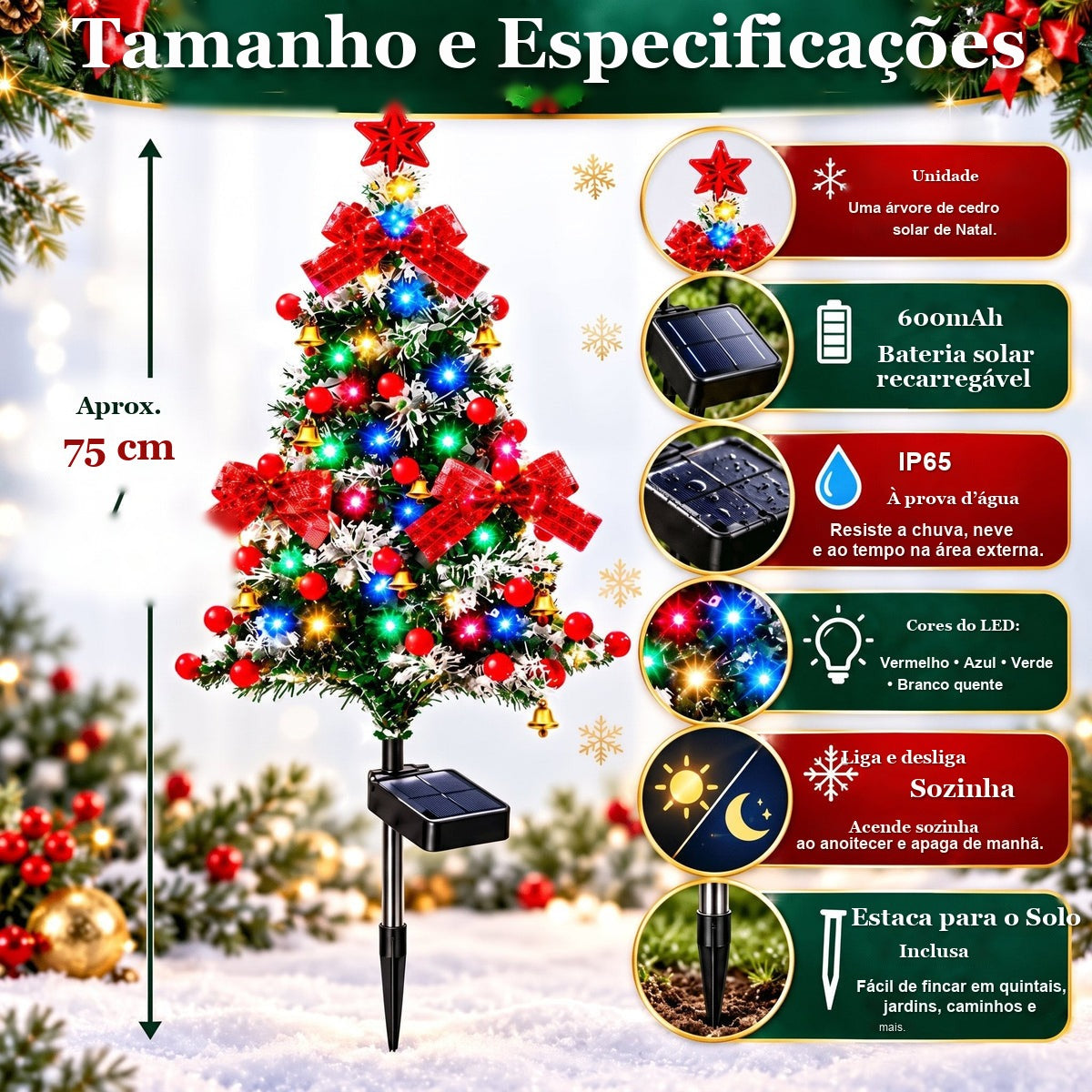 medidas e especificações da árvore solar de Natal de 75 cm