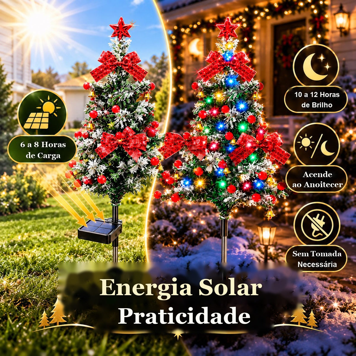 tempo de carga e de brilho da árvore de Natal solar