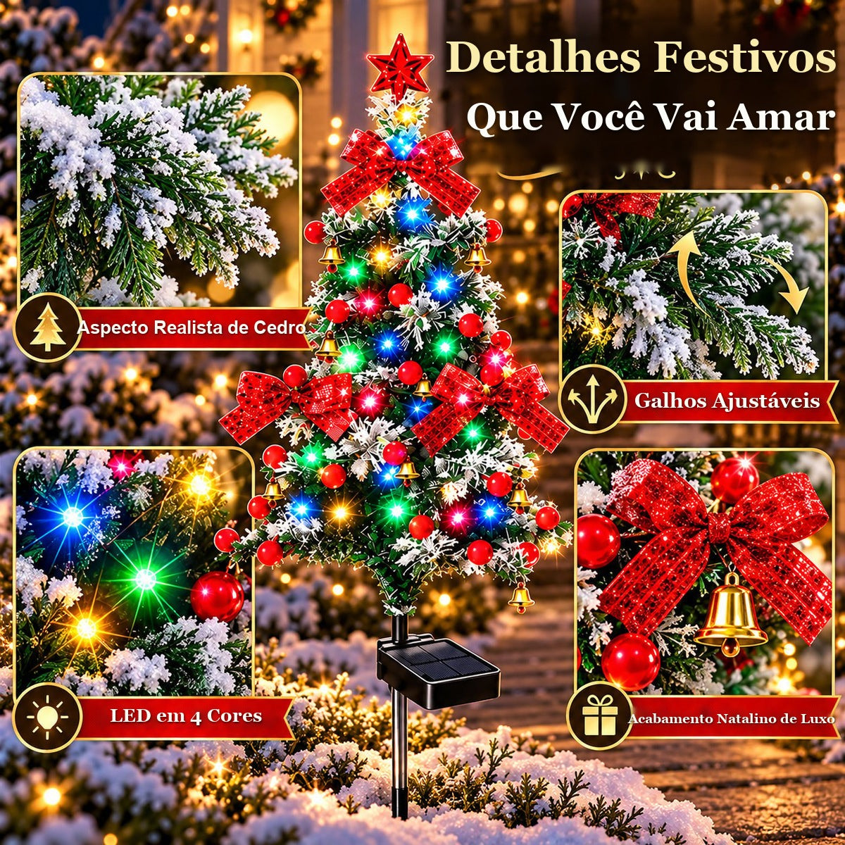 detalhes da árvore solar de Natal com galhos nevados, laços vermelhos e sinos