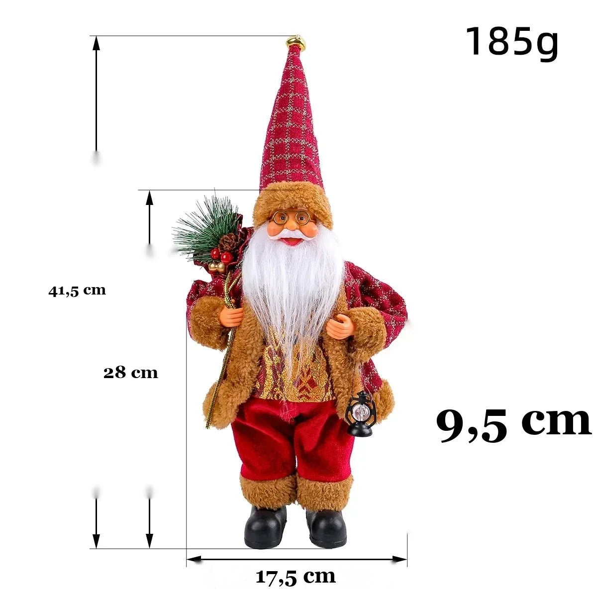 medidas do boneco papai noel de pelúcia com 41,5 cm de altura