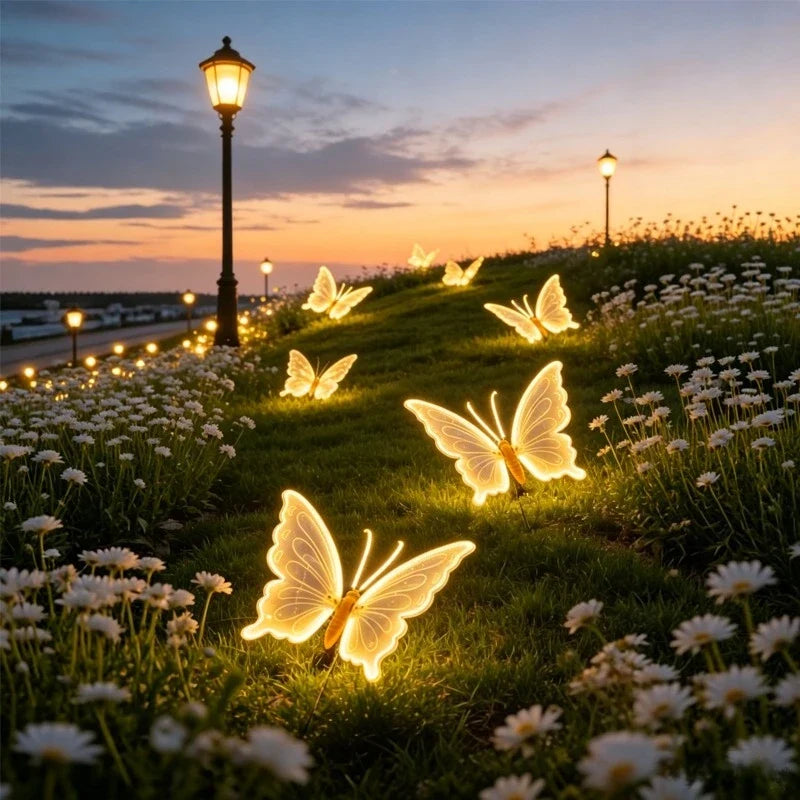 borboletas led iluminadas em gramado florido ao entardecer