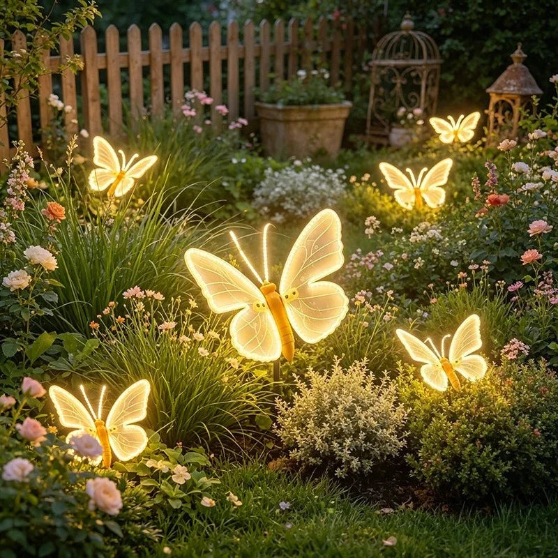 borboletas led branco quente decorando jardim de flores