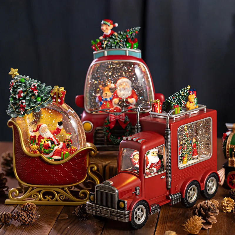 caixas de música de natal com neve trenó carro e caminhão do papai noel