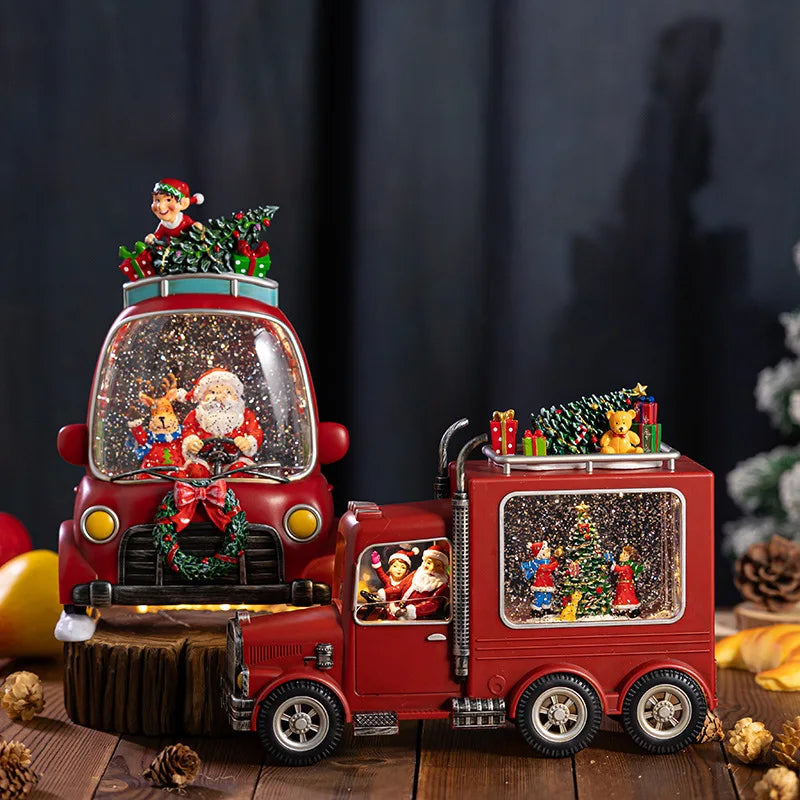 caixa de música natalina carro e caminhão com cena de natal iluminada