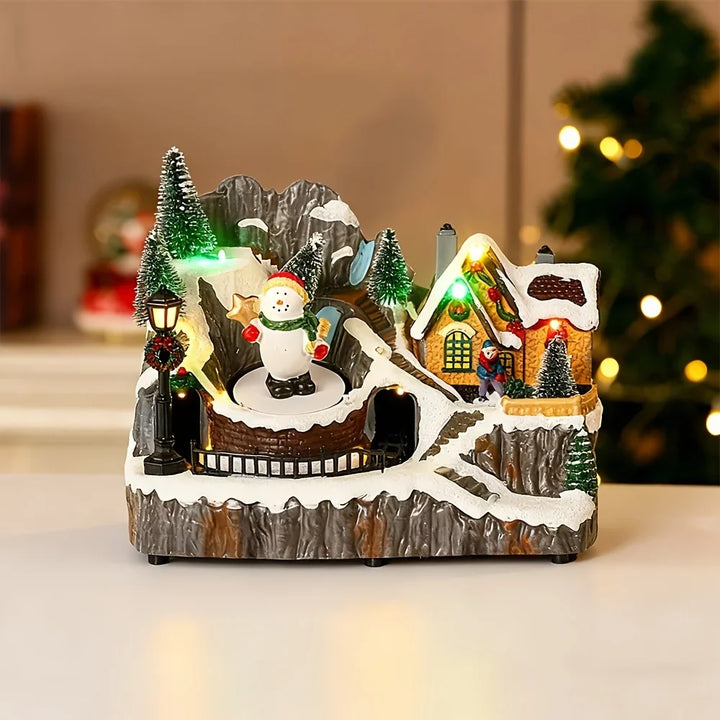caixa de musica natalina com boneco de neve giratorio e luzes