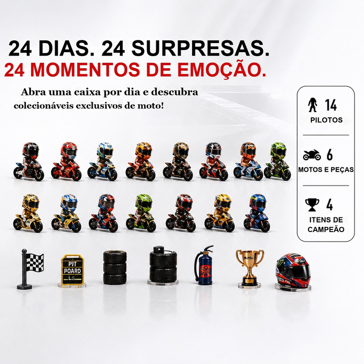 miniaturas de 14 pilotos, motos, pneus, troféu e capacete do calendário do advento