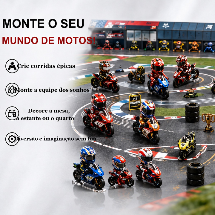 miniaturas de pilotos e motos em cenário de pista de corrida