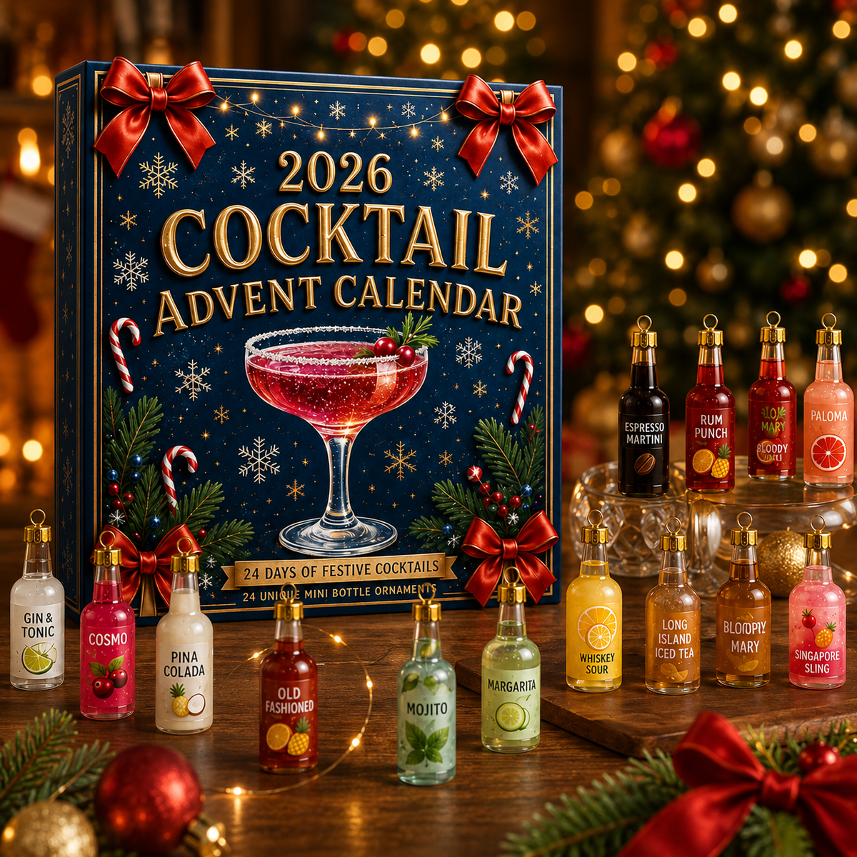 calendário do advento de coquetéis ao lado da árvore de natal