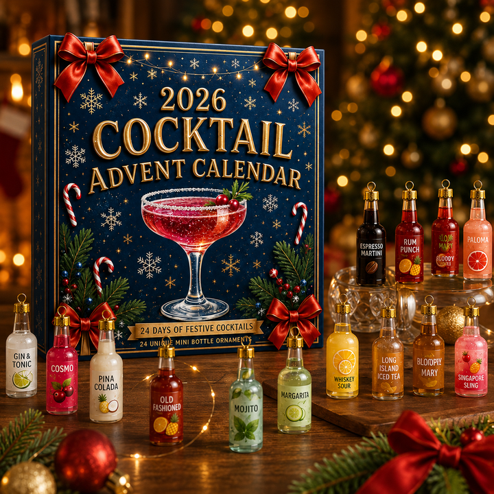 calendário do advento de coquetéis ao lado da árvore de natal