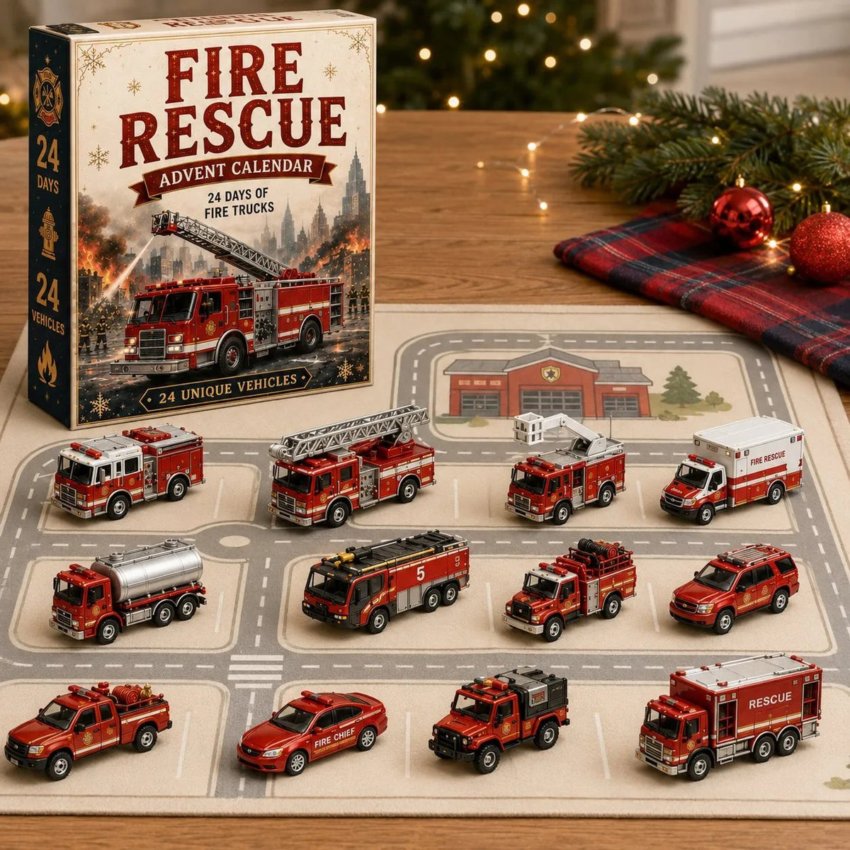 calendário do advento de bombeiros com miniaturas de caminhões