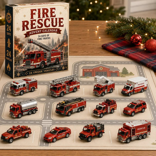 calendário do advento de bombeiros com miniaturas de caminhões