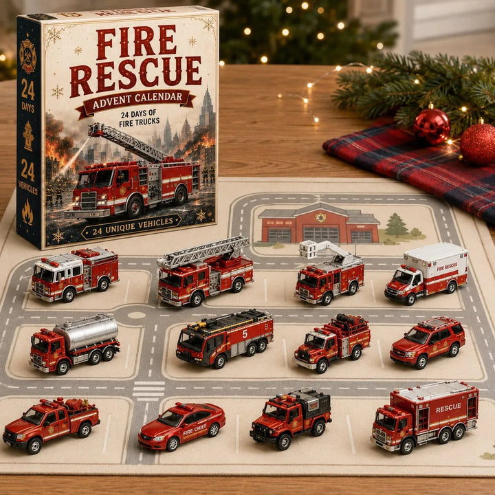 calendário do advento de bombeiros com miniaturas de caminhões