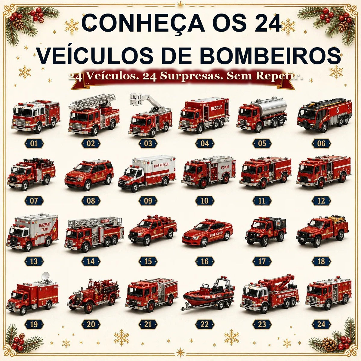 24 miniaturas de veículos de bombeiros do calendário do advento