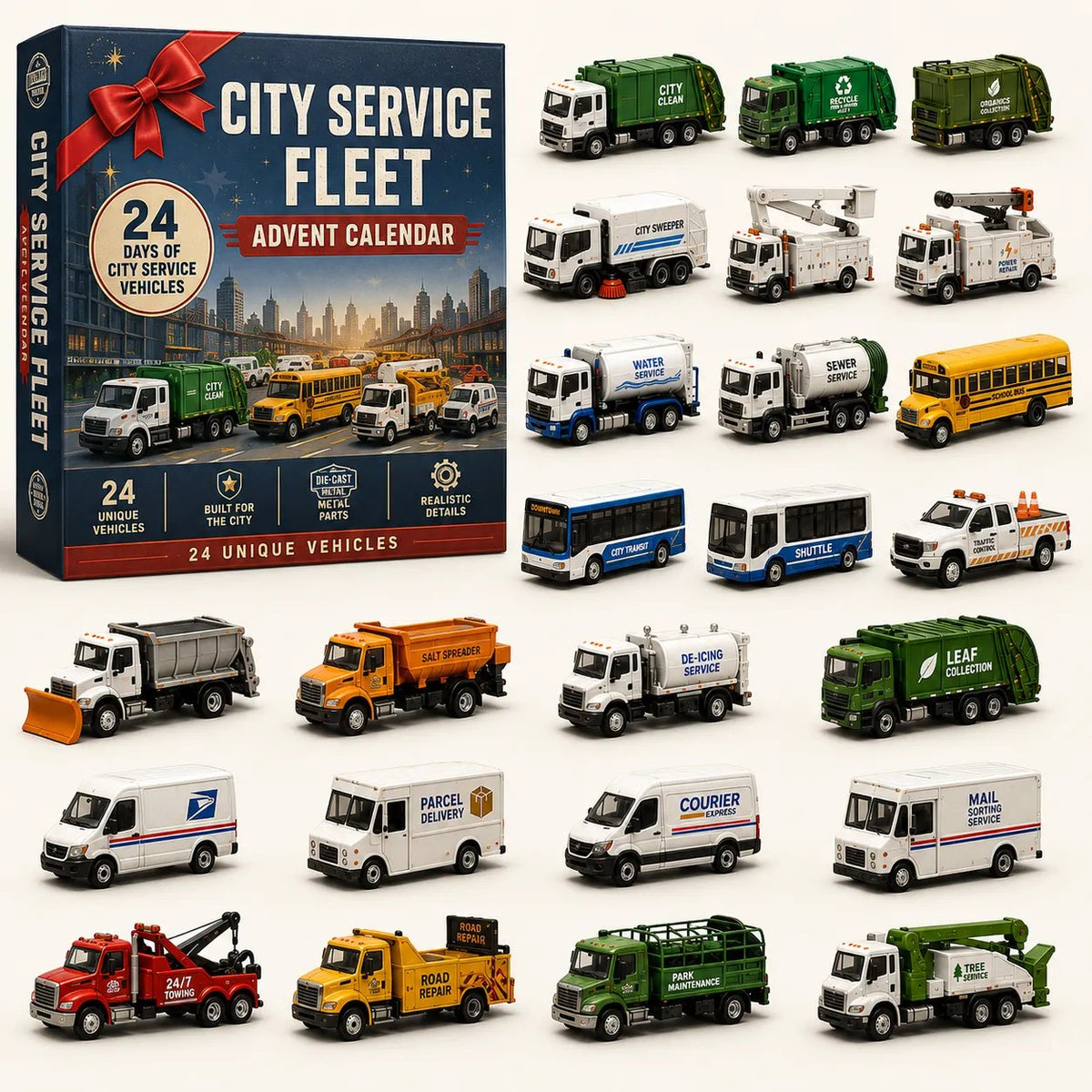 calendário do advento serviços da cidade com caminhões e ônibus em miniatura