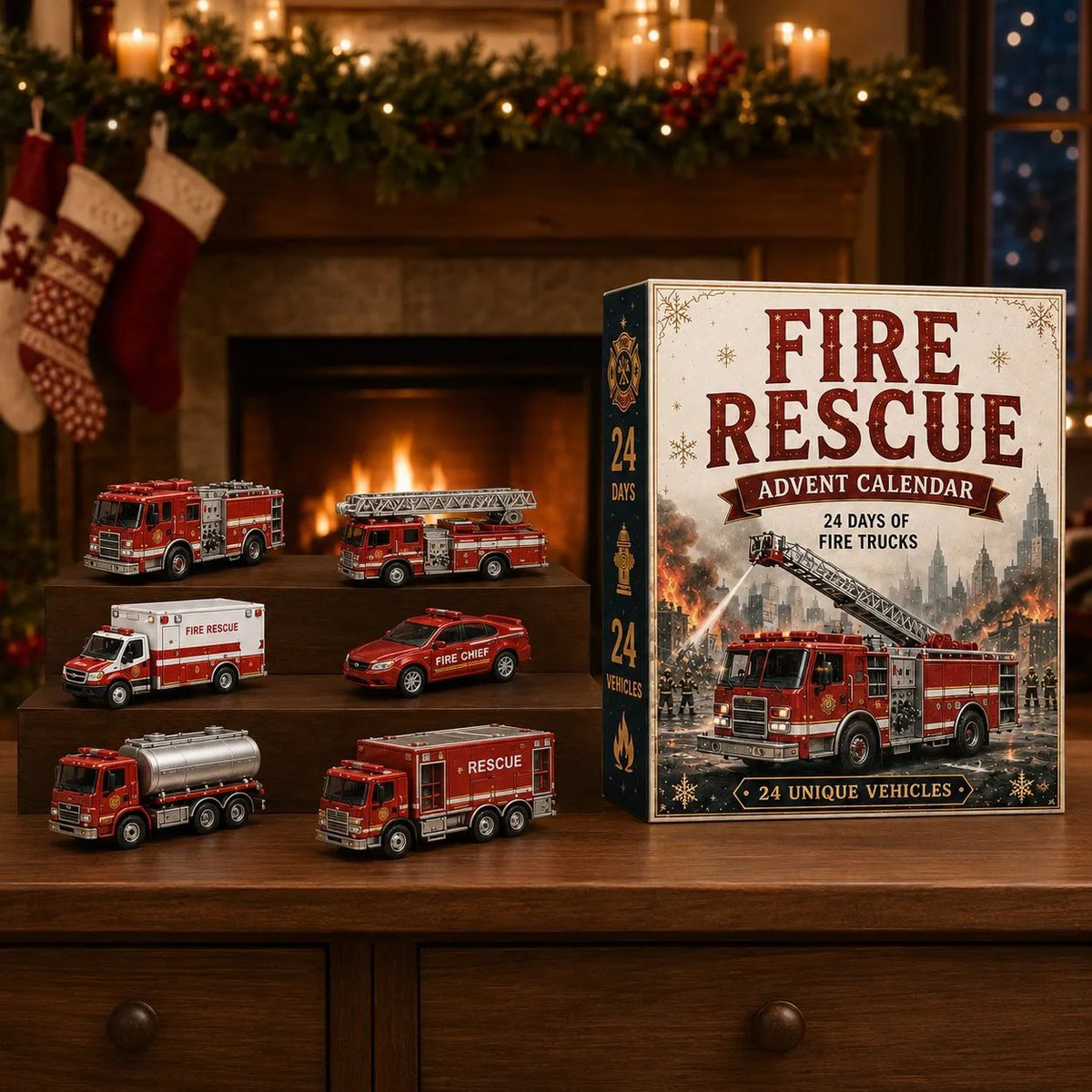 calendário do advento de bombeiros ao lado da lareira com miniaturas