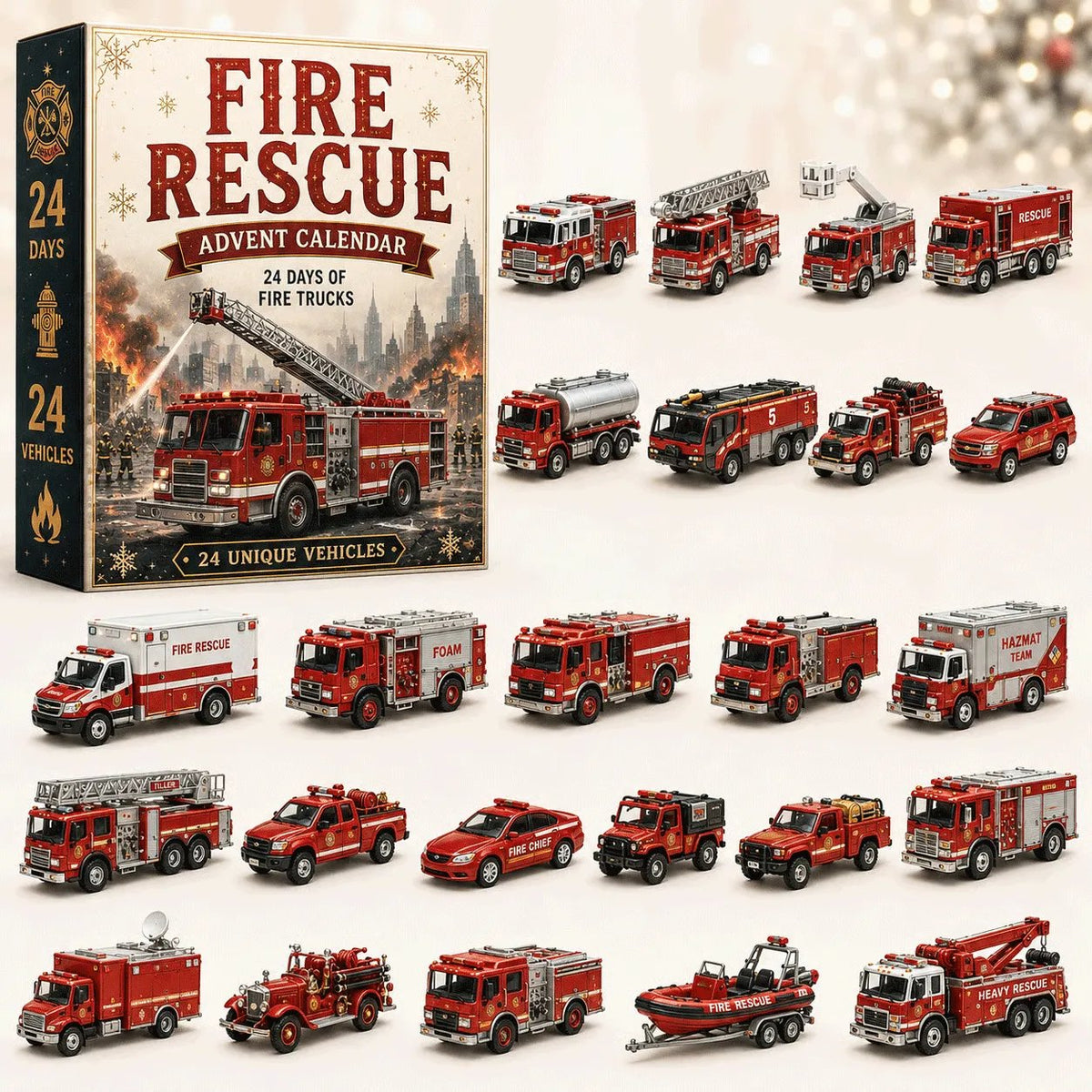 calendário do advento de bombeiros com 24 miniaturas de caminhões