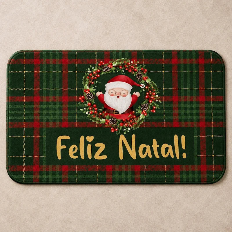 capacho de natal xadrez verde com papai noel e feliz natal