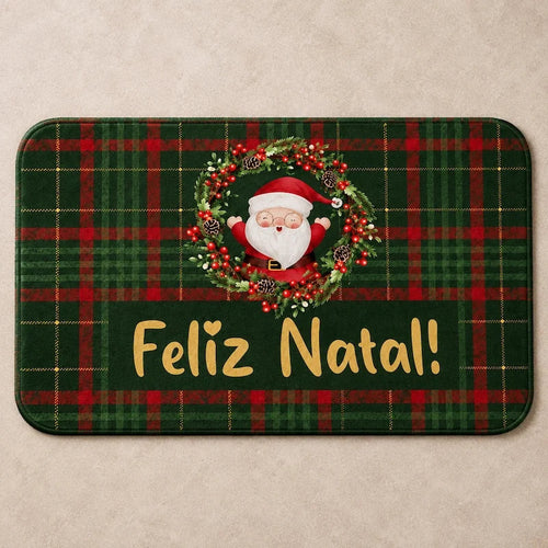 capacho de natal xadrez verde com papai noel e feliz natal