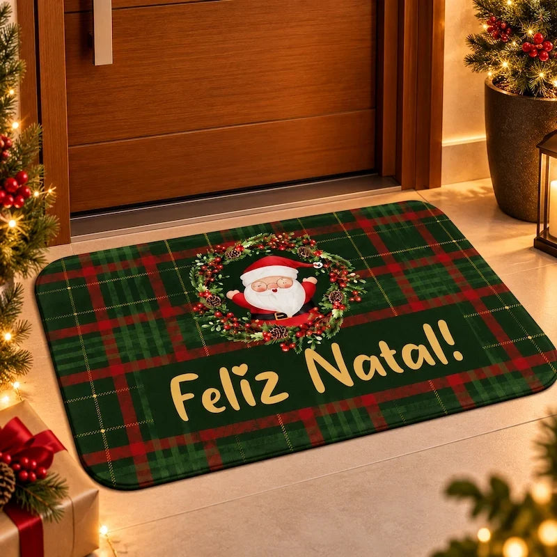 capacho de natal com árvore e presentes ao fundo