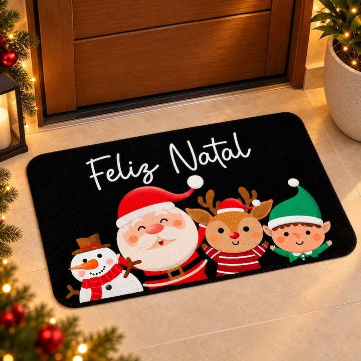 capacho de natal com personagens natalinos na entrada