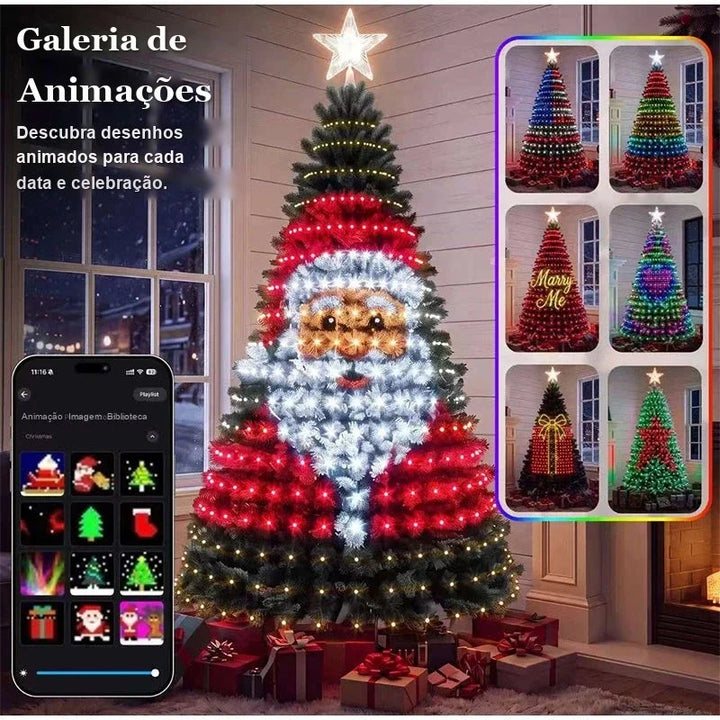 cascata de led pixel na árvore de natal formando o rosto do papai noel