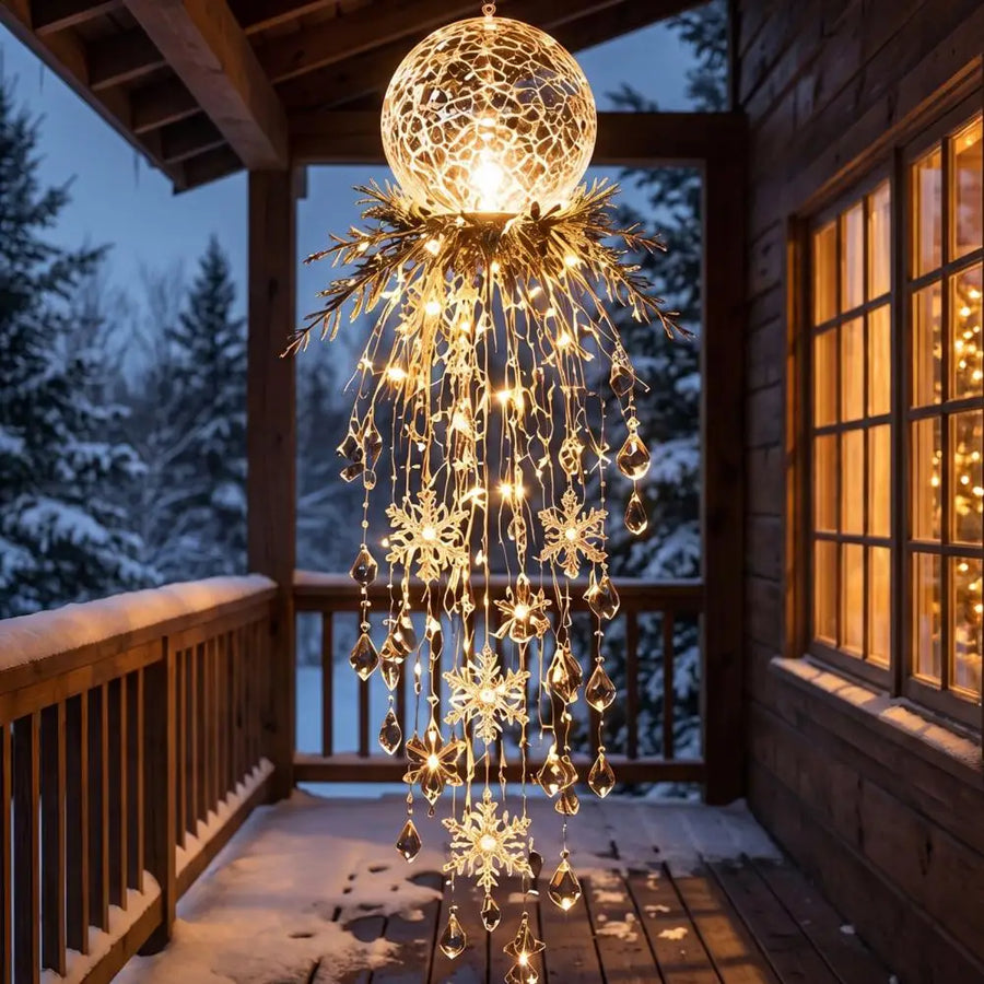 Cascata de Luz de Natal com Cristais e Flocos de Neve