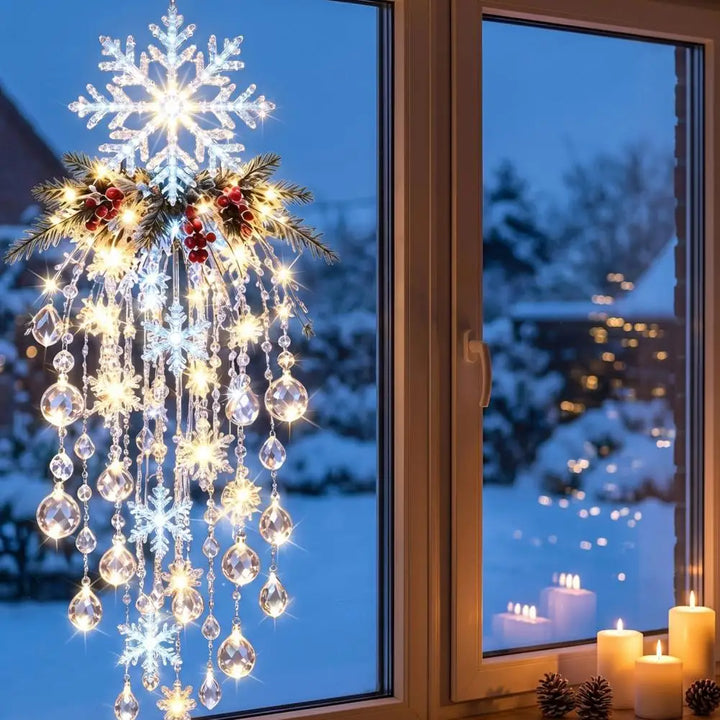 cascata de cristal com floco de neve iluminado na janela