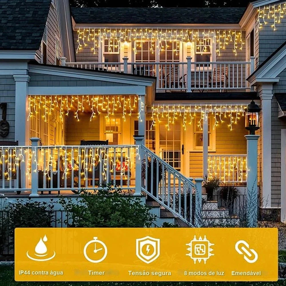 cascata de luz de natal na varanda com proteção ip44 e 8 modos