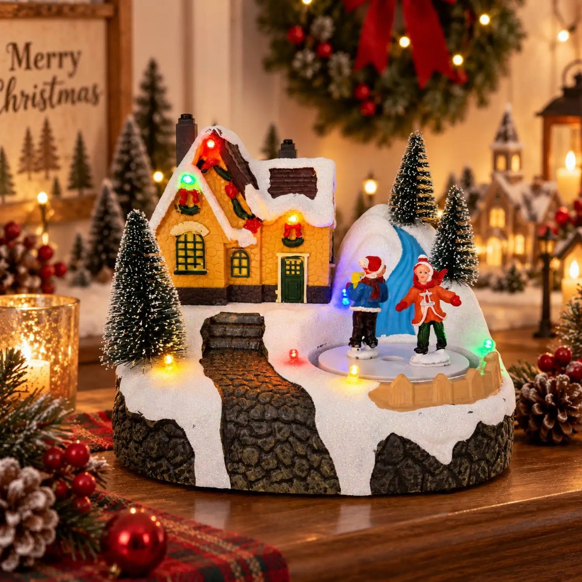 casinha de natal musical com patinadores e luzes coloridas