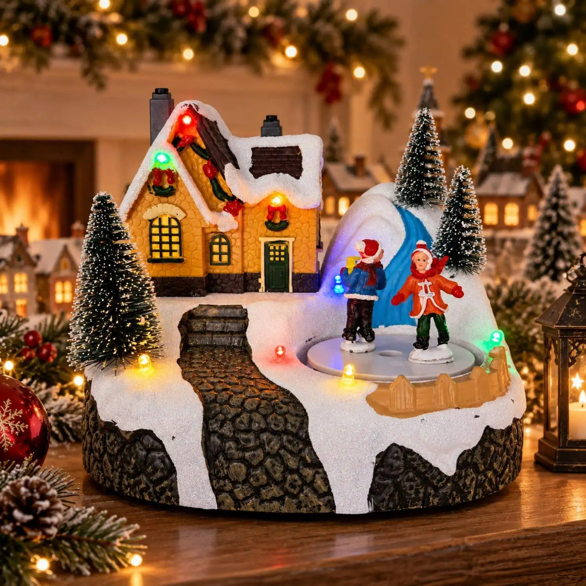 casinha de natal iluminada com pista de patinação perto da lareira