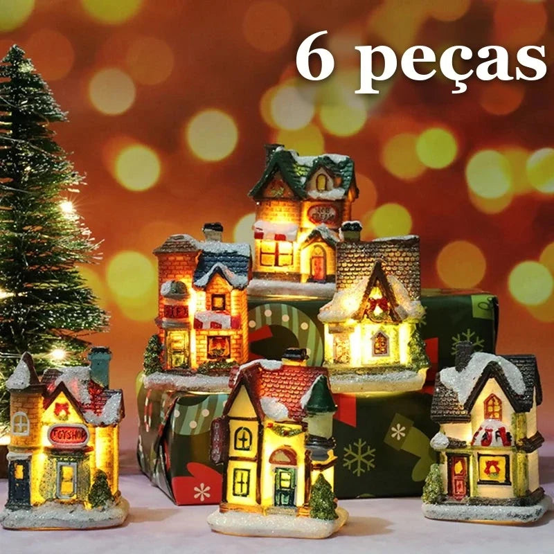 kit 6 casinhas iluminadas para vila de natal em resina