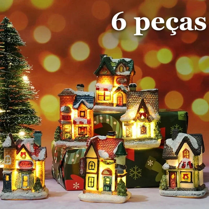 kit 6 casinhas iluminadas para vila de natal em resina