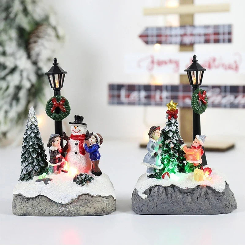 cena de vila de natal iluminada com boneco de neve e crianças