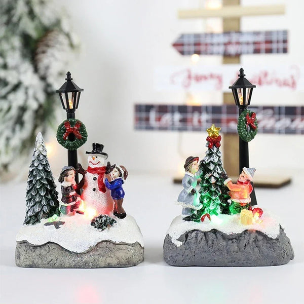Cena de Vila de Natal Iluminada com Boneco de Neve