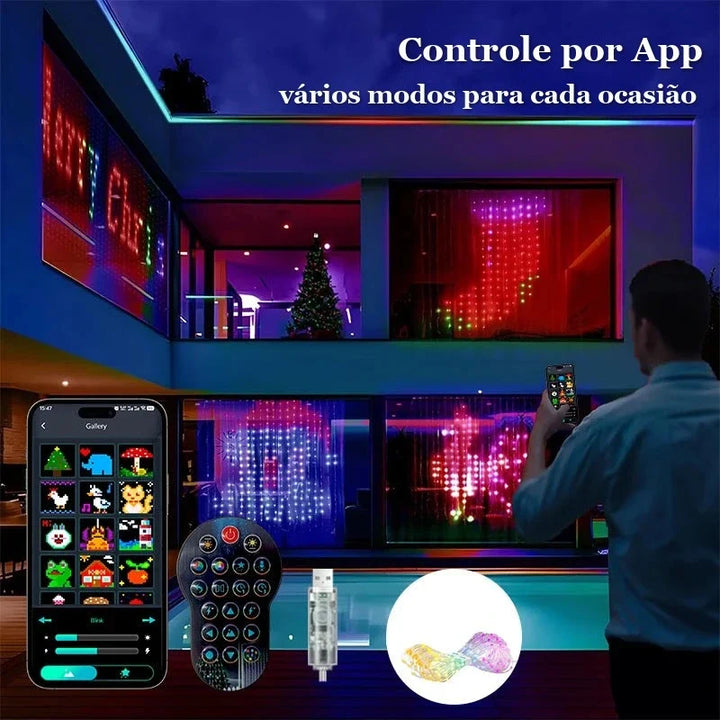 cortina de led controlada por aplicativo na fachada da casa