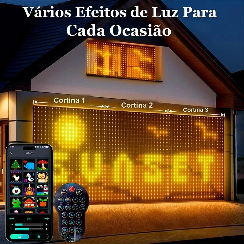 cortinas de led inteligentes lado a lado formando painel na fachada