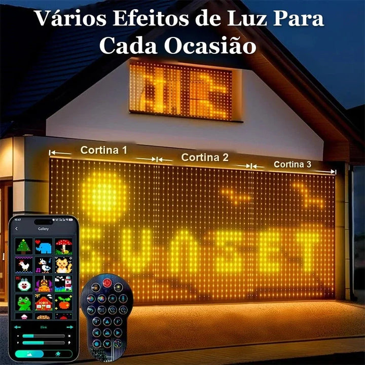 cortinas de led inteligentes lado a lado formando painel na fachada