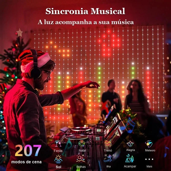 cortina de led de natal com sincronia musical em festa