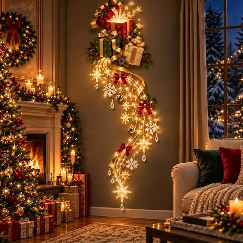 decoracao de parede de natal iluminada com presentes e trilha de estrelas
