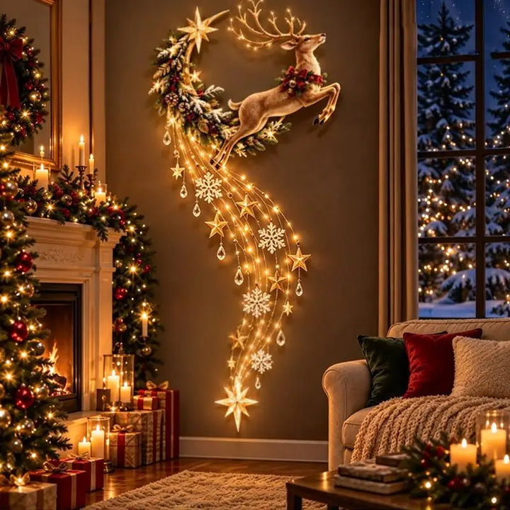 decoracao de parede de natal iluminada rena com cascata de luz na sala