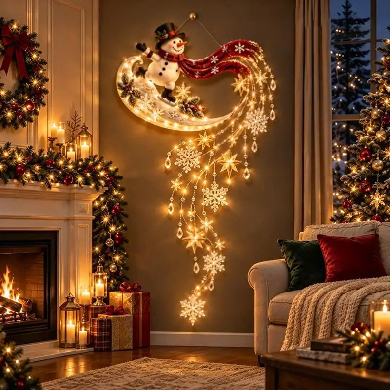 luz de parede de natal boneco de neve na lua com flocos iluminados