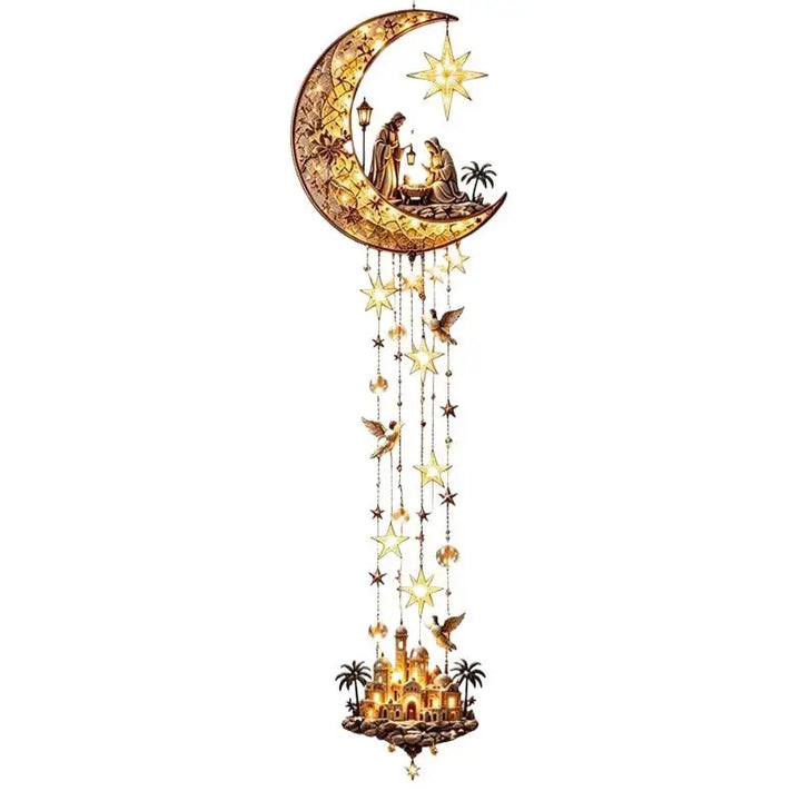 decoracao de parede de natal lua com presepio e estrelas