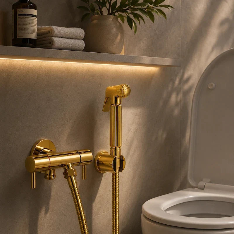ducha higiênica dourada em lavabo com iluminação suave
